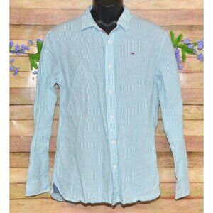 Tommy Hilfiger Mens Blue Linen Blend Striped Button Up Long Sleeve Shirt Size XL